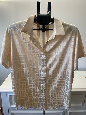 Sewn + Seen Silky Satin Champagne Geo-Print Button Front Blouse Size M